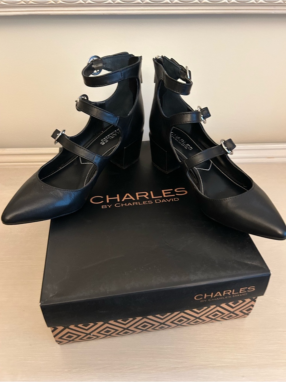Charles by Charles David Black Triple-Strap Pointed Block Heels